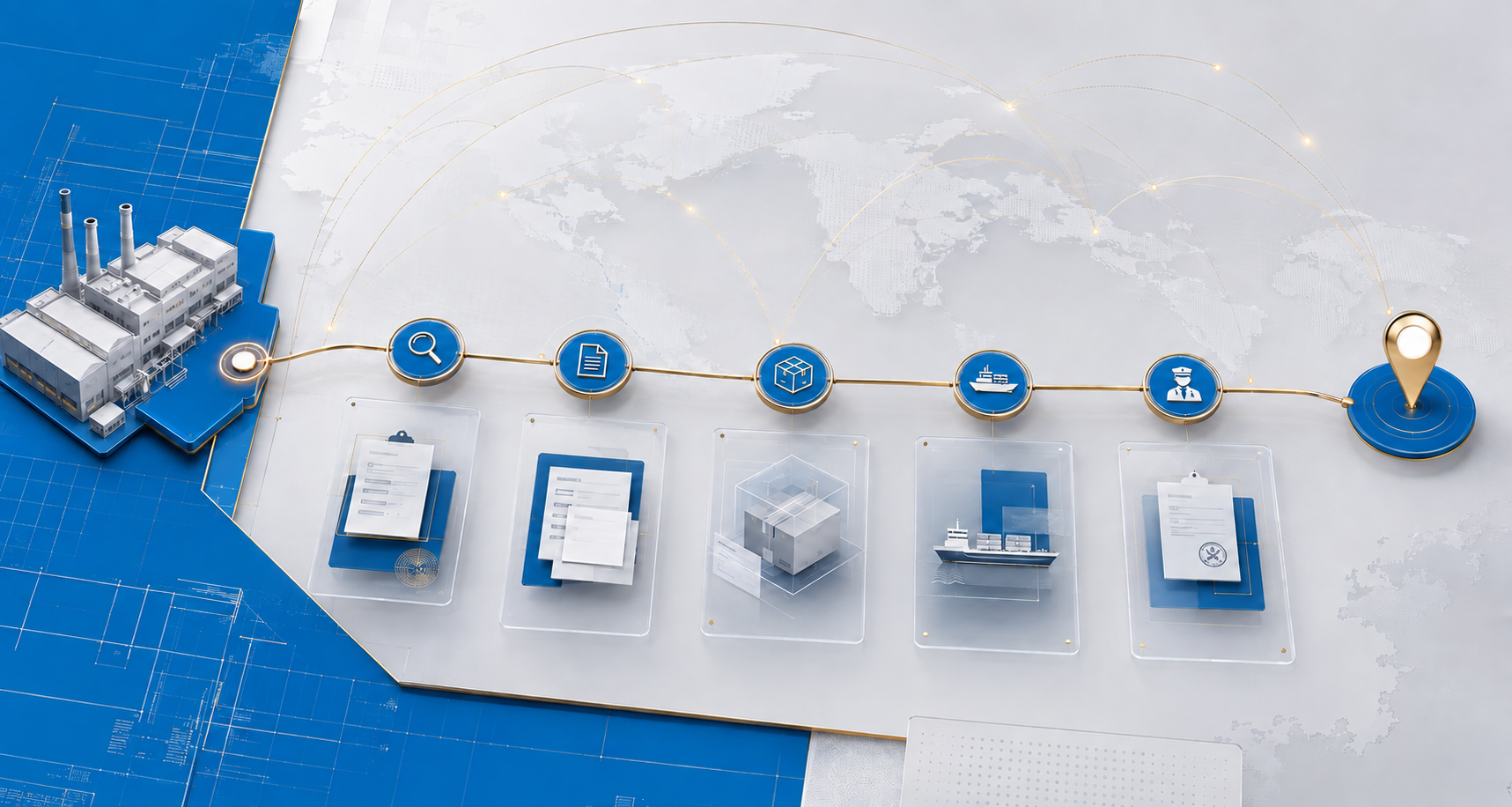 Illustrated procurement journey from factory sourcing to delivery